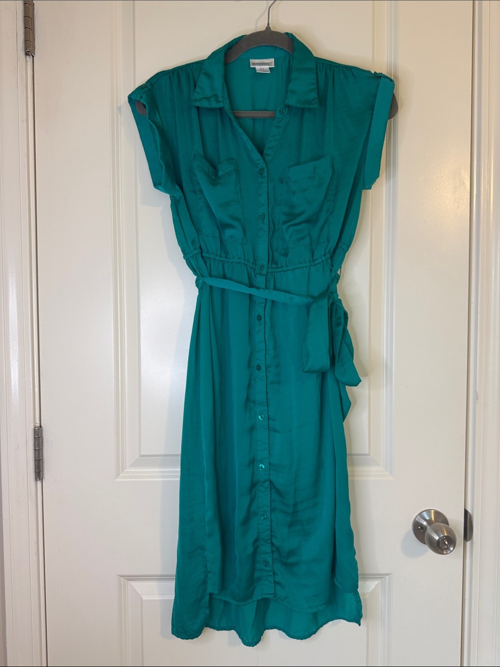 Motherhood Maternity Teal Button-Front Midi Dress with Waist Tie
